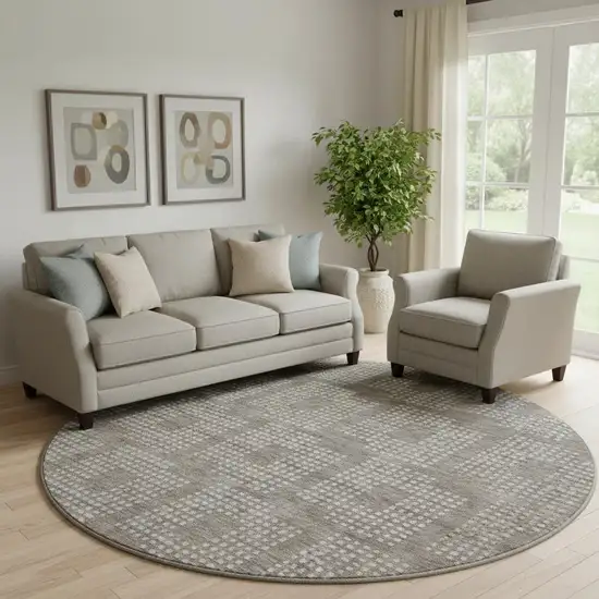 8' Taupe And Ivory Geometric Washable Round Rug With UV Protection Photo 1