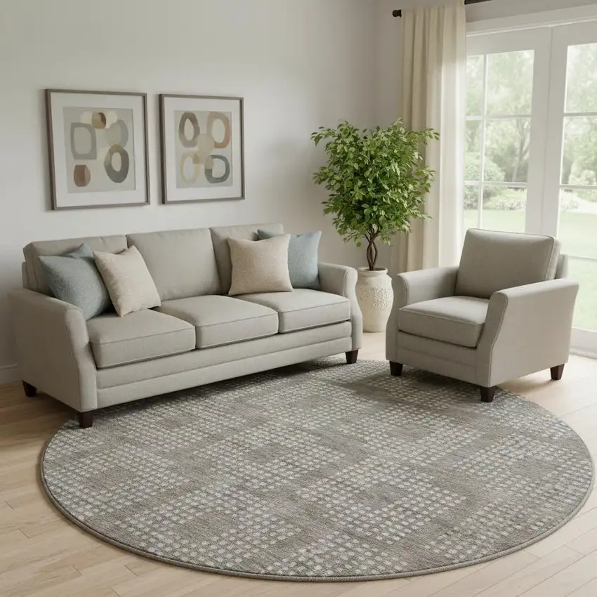 8' Taupe And Ivory Geometric Washable Round Rug With UV Protection Photo 1