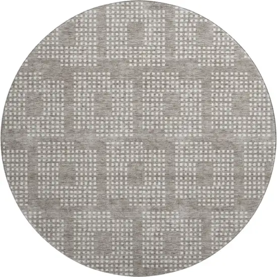 8' Taupe And Ivory Geometric Washable Round Rug With UV Protection Photo 1