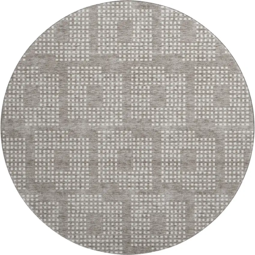 8' Taupe And Ivory Geometric Washable Round Rug With UV Protection Photo 1