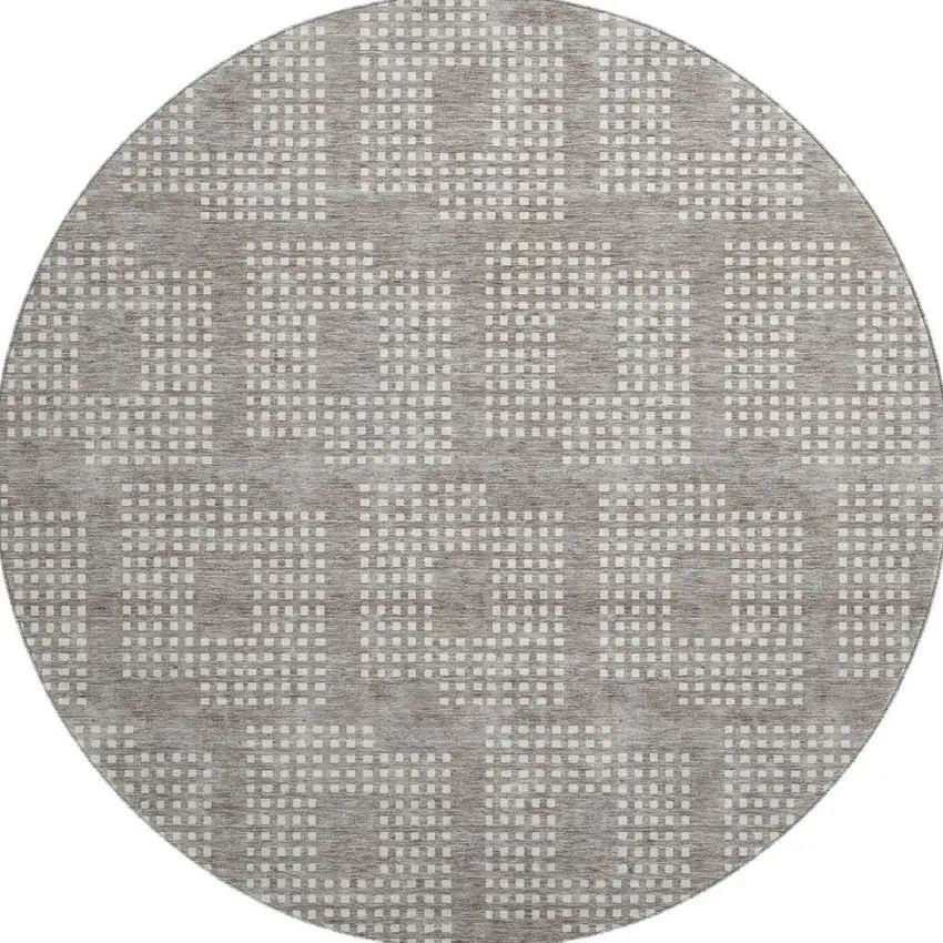 8' Taupe And Ivory Geometric Washable Round Rug With UV Protection Photo 4