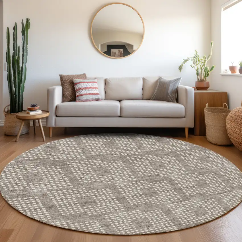 8' Taupe And Ivory Geometric Washable Round Rug With UV Protection Photo 5