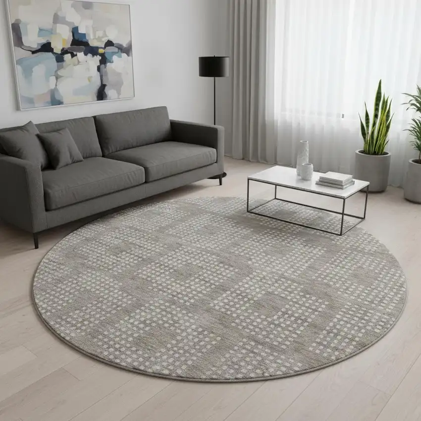 8' Taupe And Ivory Geometric Washable Round Rug With UV Protection Photo 2