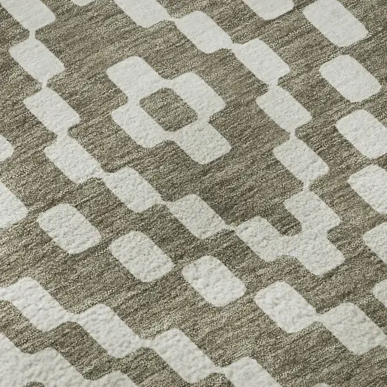 8' Taupe And Ivory Geometric Washable Round Rug With UV Protection Photo 9