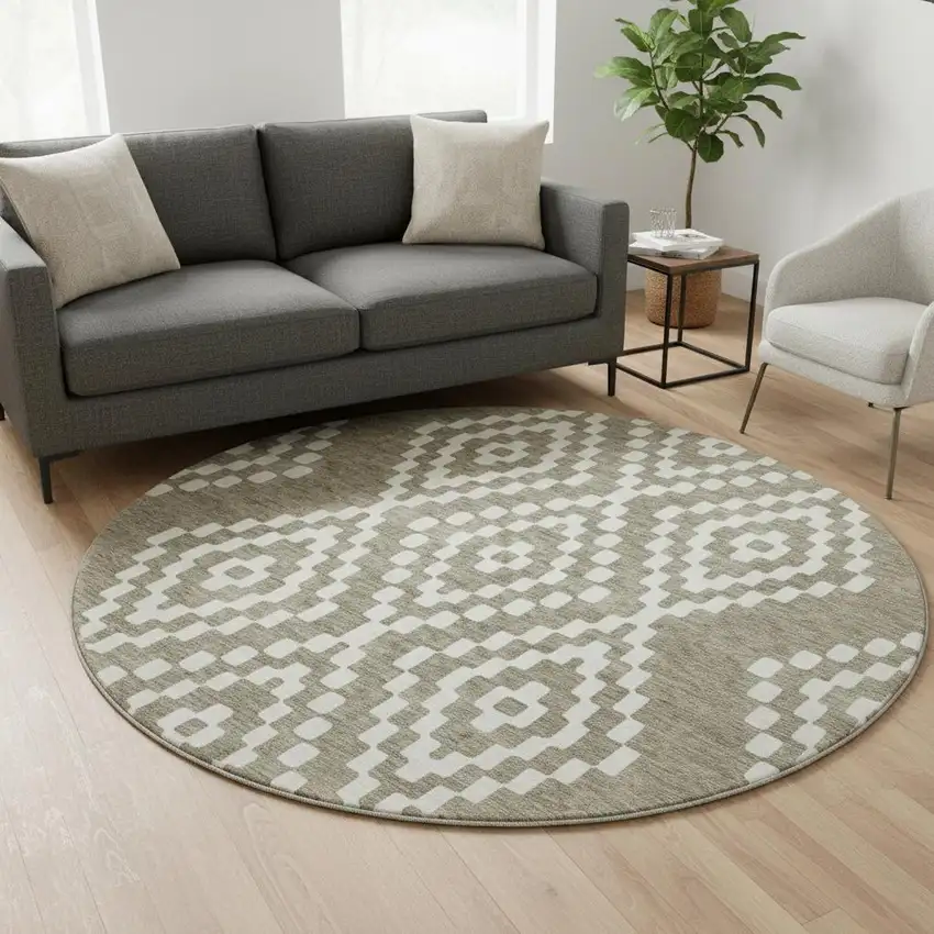 8' Taupe And Ivory Geometric Washable Round Rug With UV Protection Photo 2