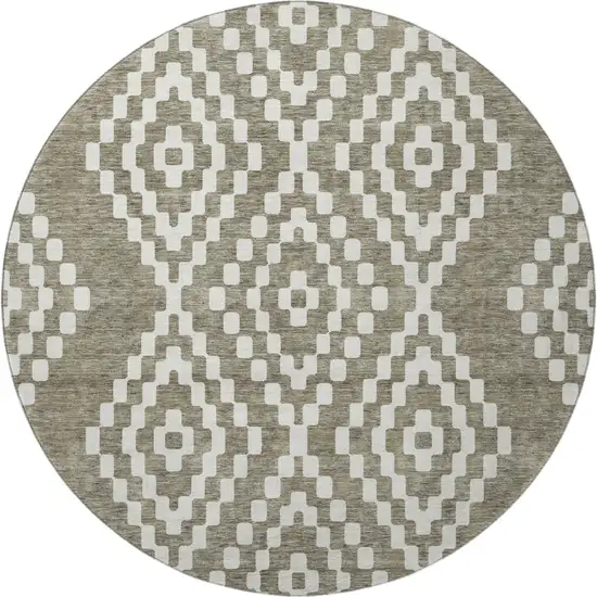 8' Taupe And Ivory Geometric Washable Round Rug With UV Protection Photo 4