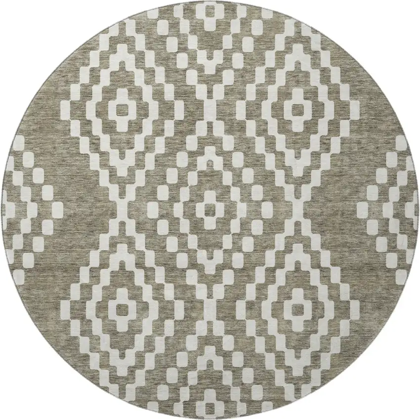 8' Taupe And Ivory Geometric Washable Round Rug With UV Protection Photo 4