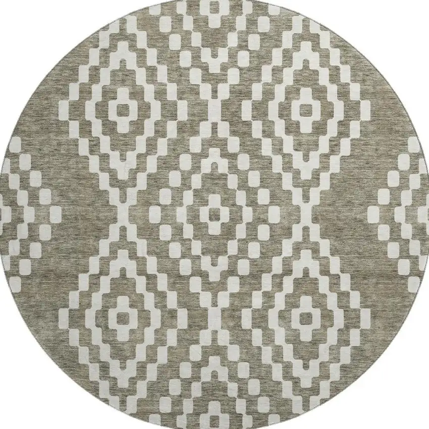 8' Taupe And Ivory Geometric Washable Round Rug With UV Protection Photo 3