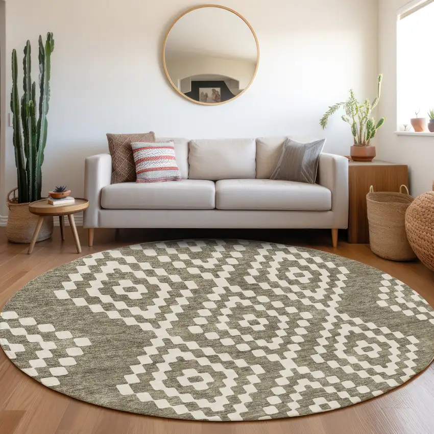 8' Taupe And Ivory Geometric Washable Round Rug With UV Protection Photo 5