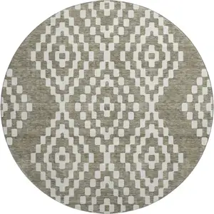Photo of 8' Taupe And Ivory Geometric Washable Round Rug With UV Protection