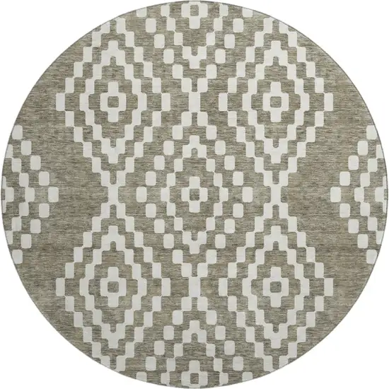 8' Taupe And Ivory Geometric Washable Round Rug With UV Protection Photo 1
