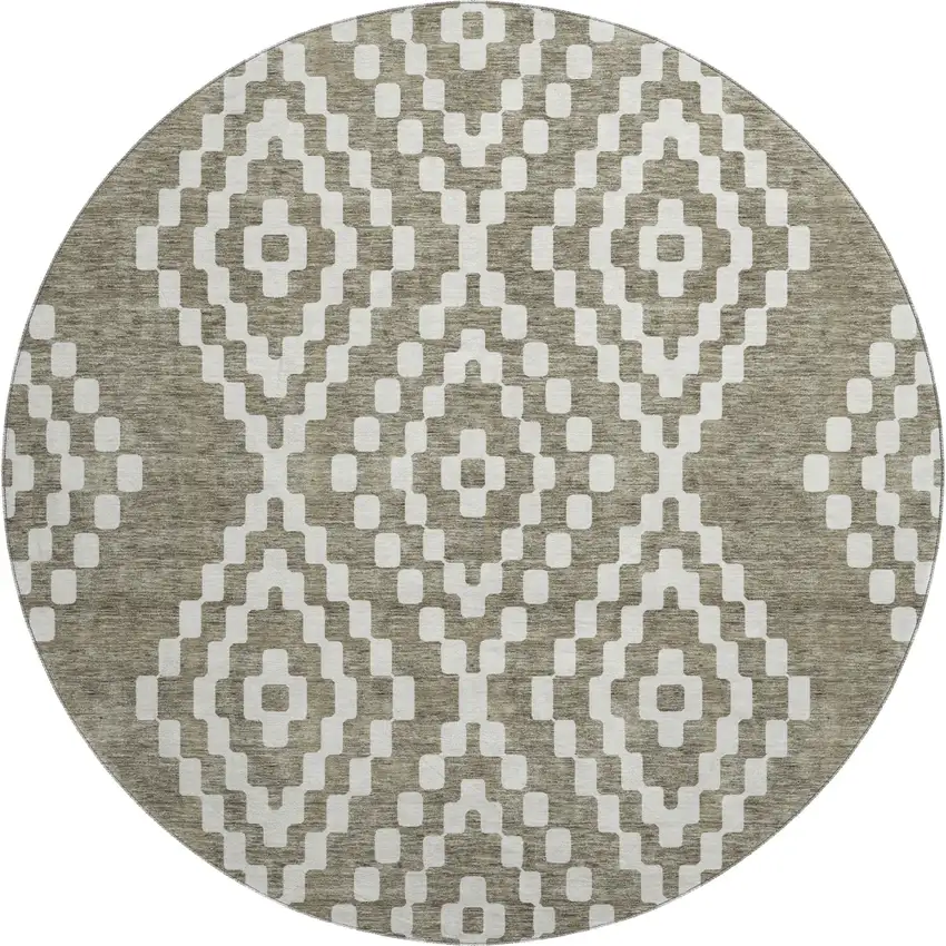 8' Taupe And Ivory Geometric Washable Round Rug With UV Protection Photo 1