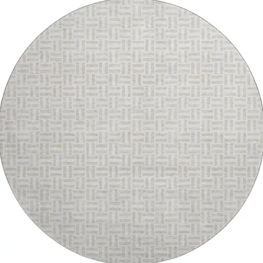 8' Taupe And Ivory Geometric Washable Round Rug With UV Protection Photo 4