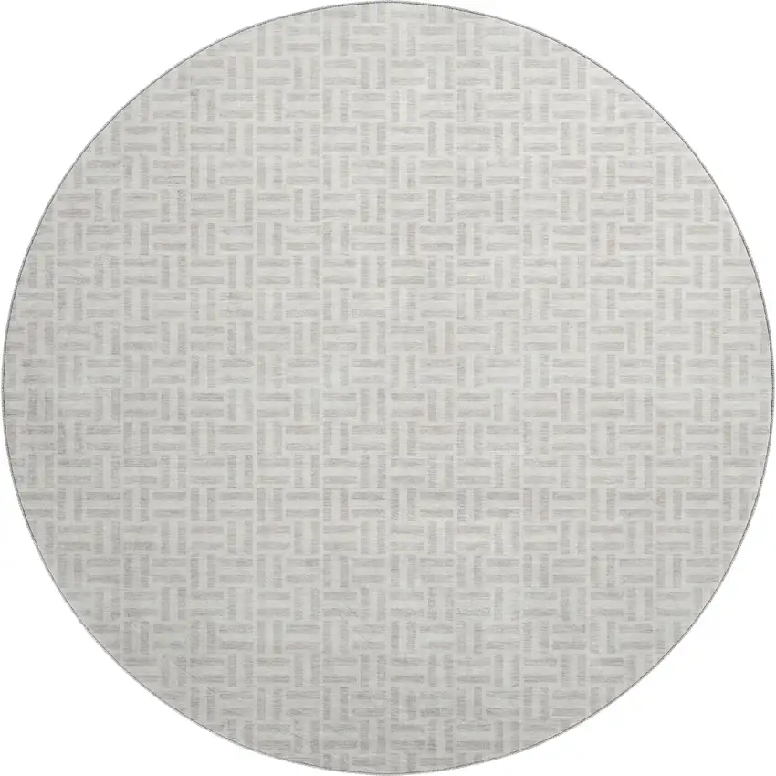8' Taupe And Ivory Geometric Washable Round Rug With UV Protection Photo 1