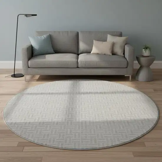 8' Taupe And Ivory Geometric Washable Round Rug With UV Protection Photo 2