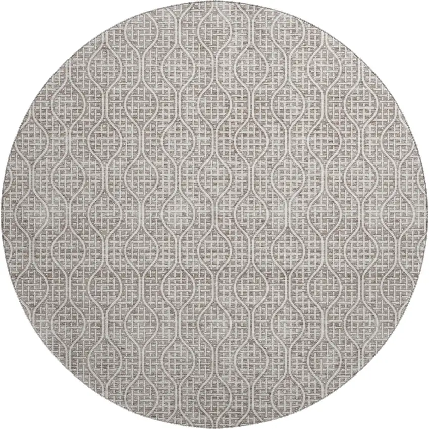 8' Taupe And Ivory Geometric Washable Round Rug With UV Protection Photo 1