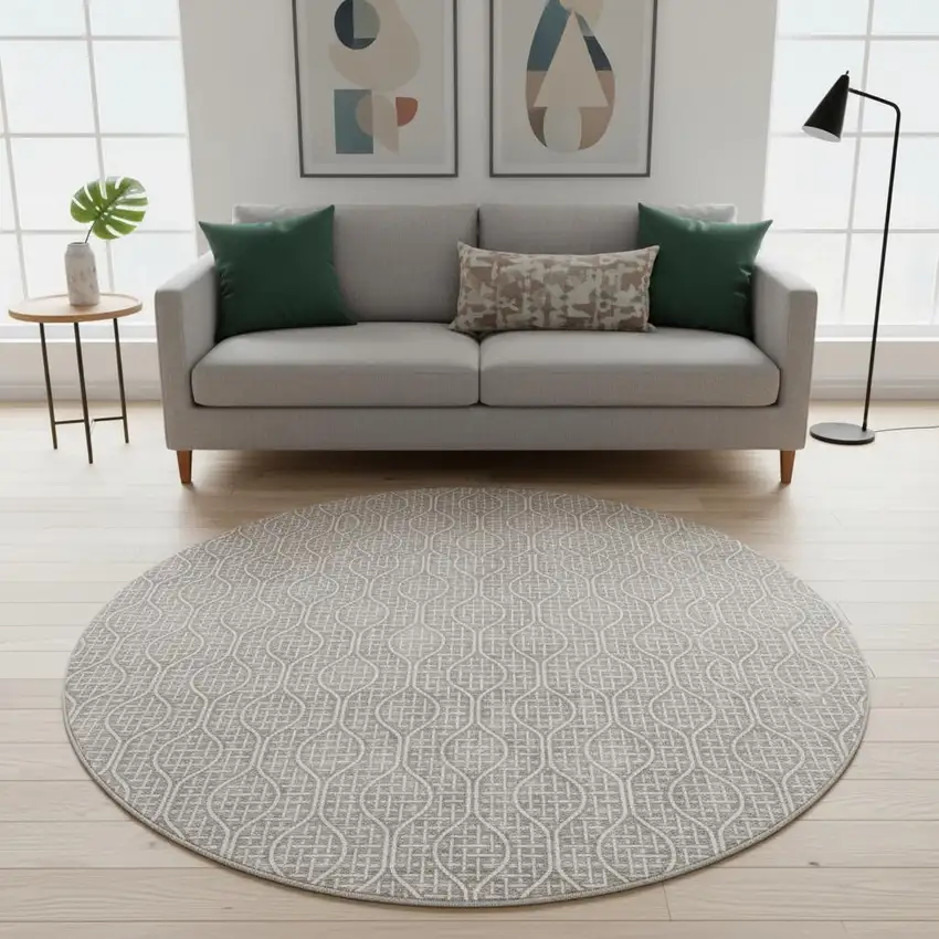 8' Taupe And Ivory Geometric Washable Round Rug With UV Protection Photo 2