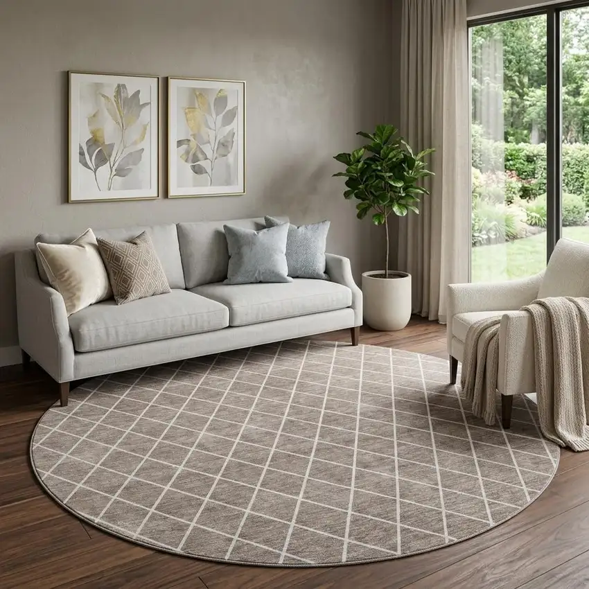 8' Taupe And Ivory Geometric Washable Round Rug With UV Protection Photo 1