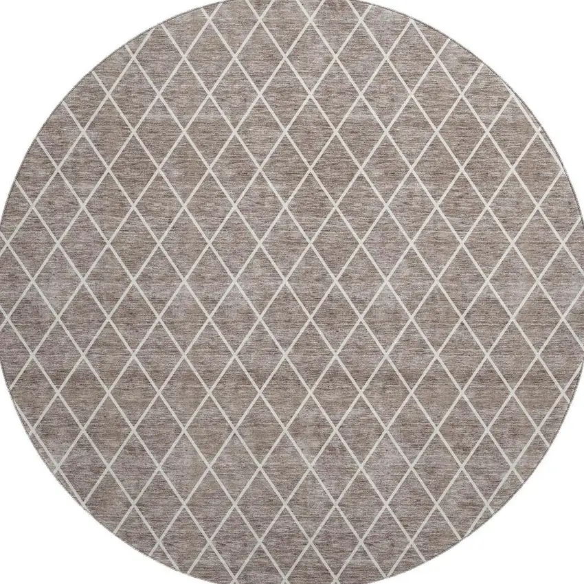 8' Taupe And Ivory Geometric Washable Round Rug With UV Protection Photo 2