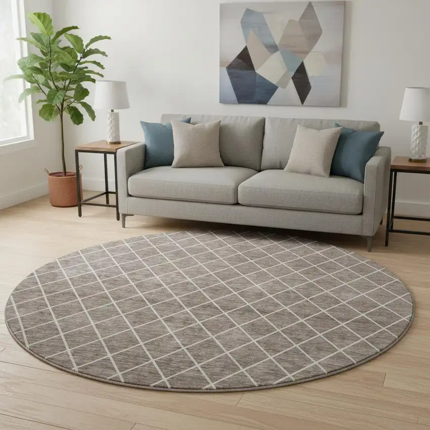 8' Taupe And Ivory Geometric Washable Round Rug With UV Protection Photo 2