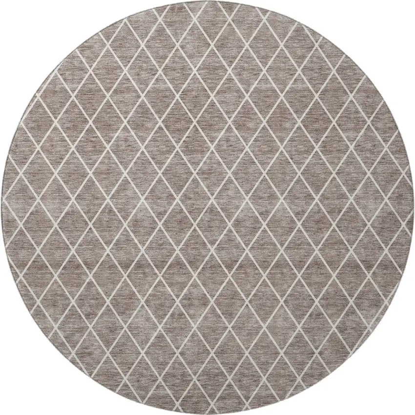 8' Taupe And Ivory Geometric Washable Round Rug With UV Protection Photo 3