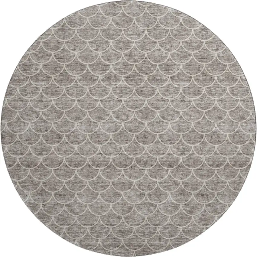 8' Taupe And Ivory Geometric Washable Round Rug With UV Protection Photo 1