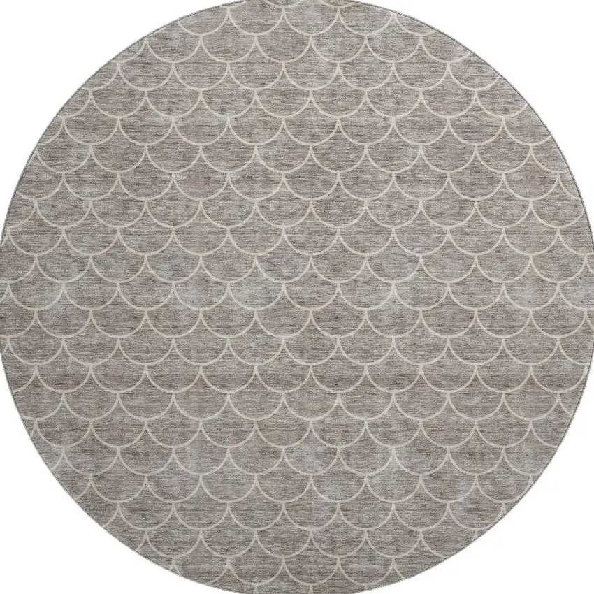 8' Taupe And Ivory Geometric Washable Round Rug With UV Protection Photo 2