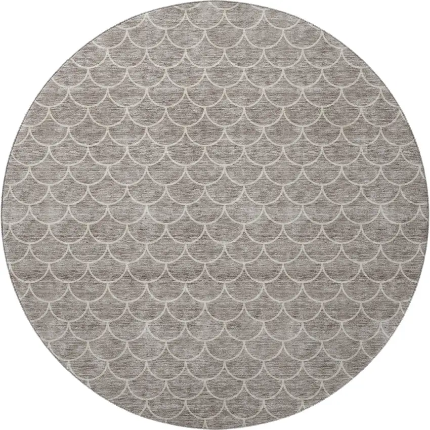 8' Taupe And Ivory Geometric Washable Round Rug With UV Protection Photo 3