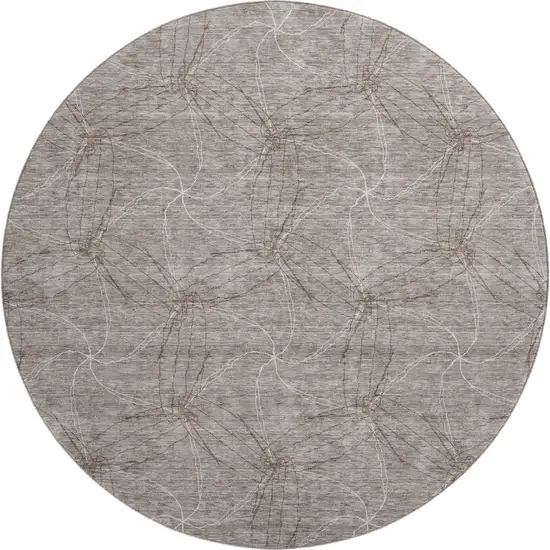 8' Taupe And Ivory Geometric Washable Round Rug With UV Protection Photo 1