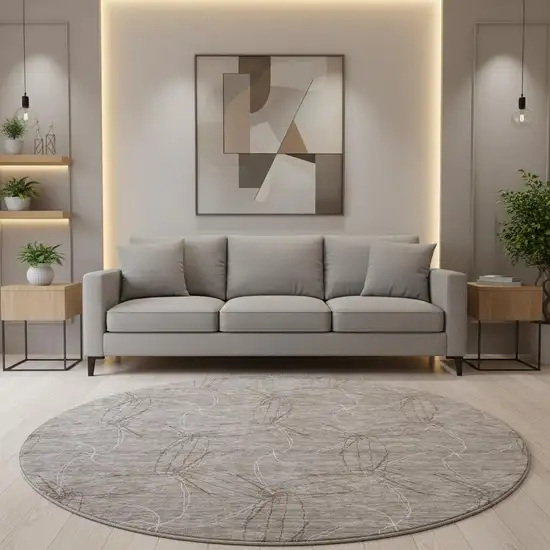 8' Taupe And Ivory Geometric Washable Round Rug With UV Protection Photo 2