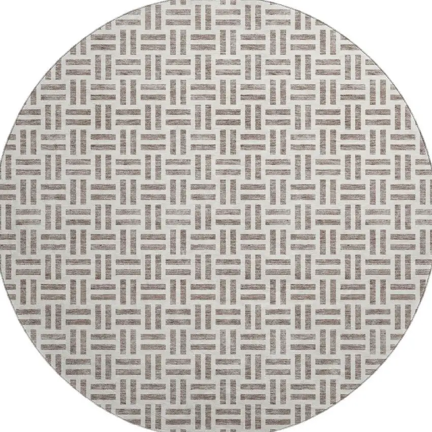 8' Taupe And Ivory Geometric Washable Round Rug With UV Protection Photo 2