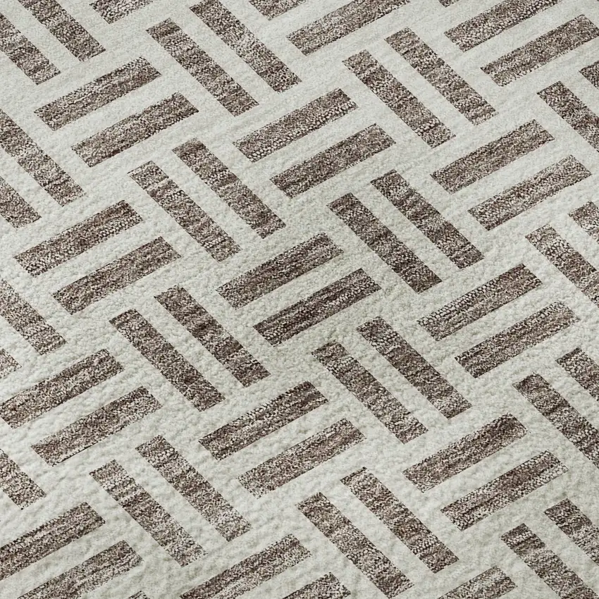 8' Taupe And Ivory Geometric Washable Round Rug With UV Protection Photo 8