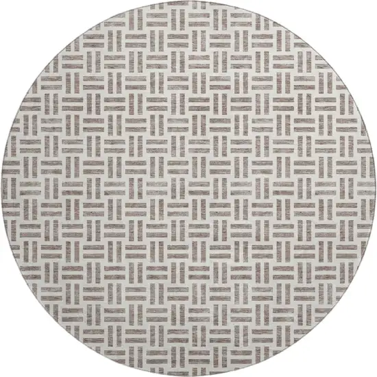 8' Taupe And Ivory Geometric Washable Round Rug With UV Protection Photo 1