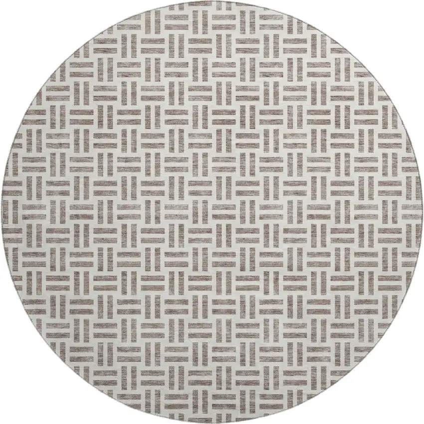 8' Taupe And Ivory Geometric Washable Round Rug With UV Protection Photo 1