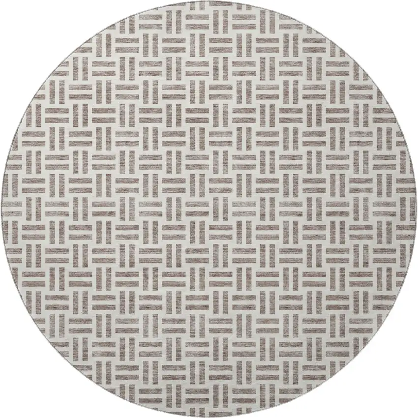 8' Taupe And Ivory Geometric Washable Round Rug With UV Protection Photo 3