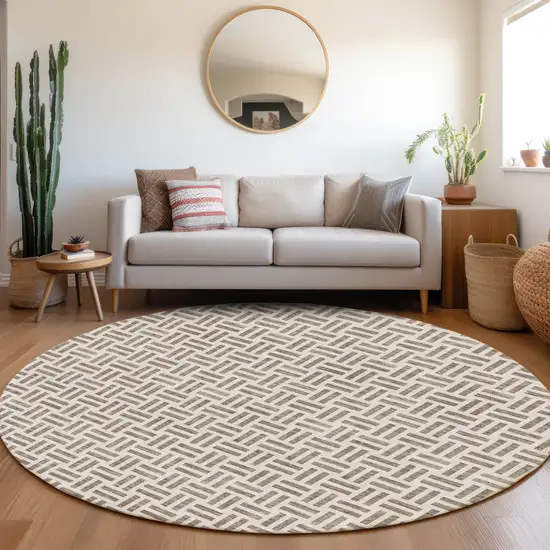 8' Taupe And Ivory Geometric Washable Round Rug With UV Protection Photo 4
