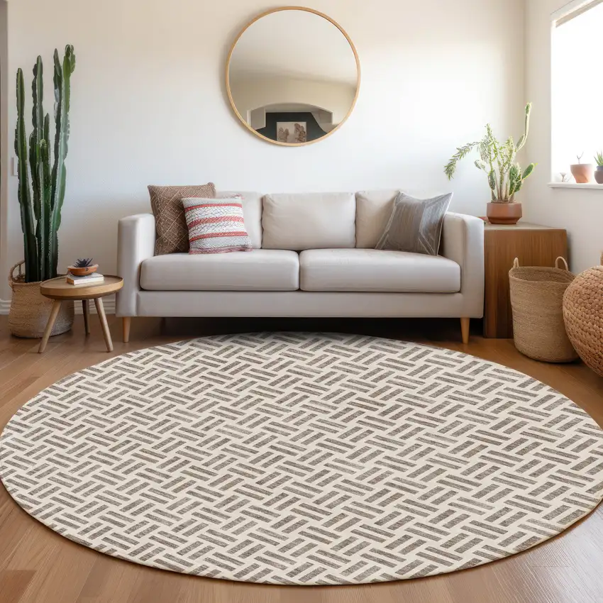 8' Taupe And Ivory Geometric Washable Round Rug With UV Protection Photo 4