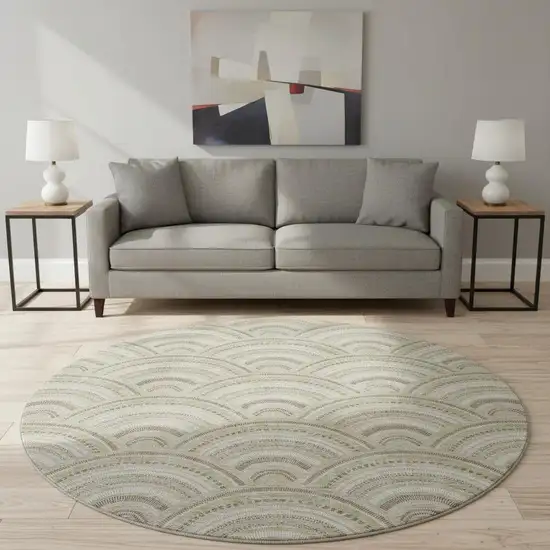 8' Taupe And Ivory Geometric Washable Round Rug With UV Protection Photo 2