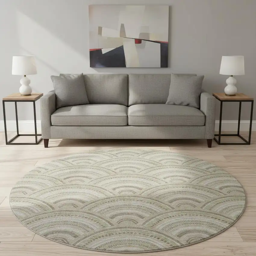 8' Taupe And Ivory Geometric Washable Round Rug With UV Protection Photo 2