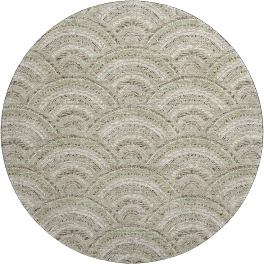 8' Taupe And Ivory Geometric Washable Round Rug With UV Protection Photo 1