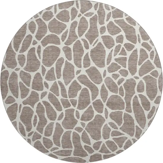 8' Taupe And Ivory Geometric Washable Round Rug With UV Protection Photo 1