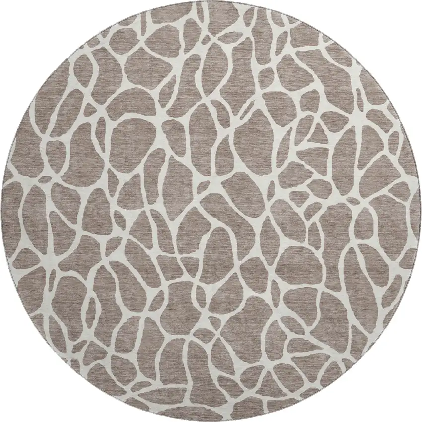 8' Taupe And Ivory Geometric Washable Round Rug With UV Protection Photo 1