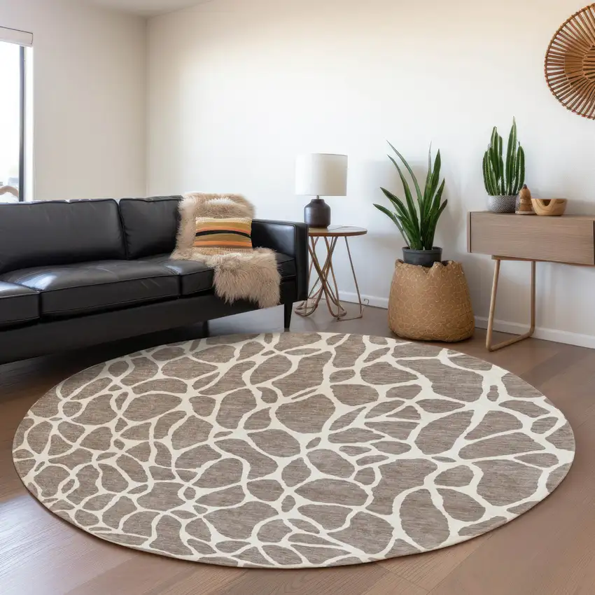 8' Taupe And Ivory Geometric Washable Round Rug With UV Protection Photo 4