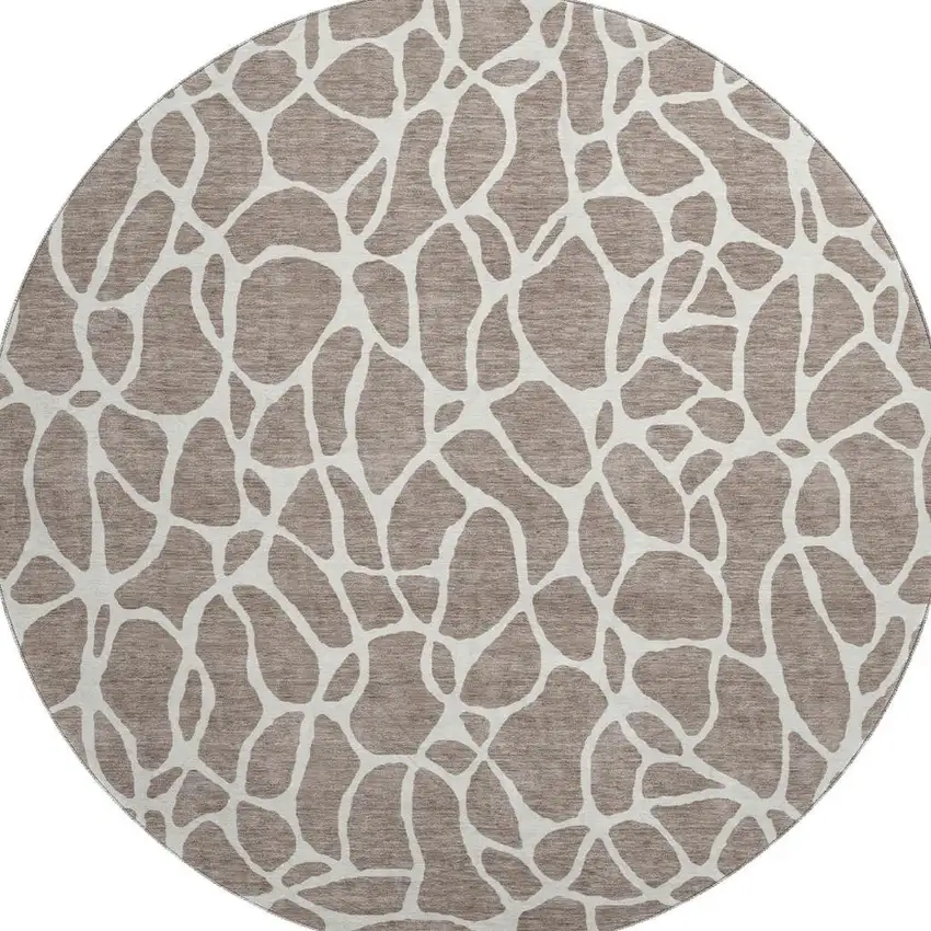 8' Taupe And Ivory Geometric Washable Round Rug With UV Protection Photo 3