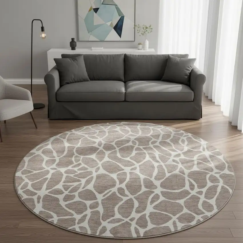 8' Taupe And Ivory Geometric Washable Round Rug With UV Protection Photo 2