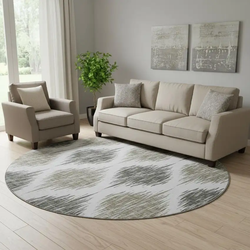8' Taupe And Ivory Ikat Washable Round Rug With UV Protection Photo 1