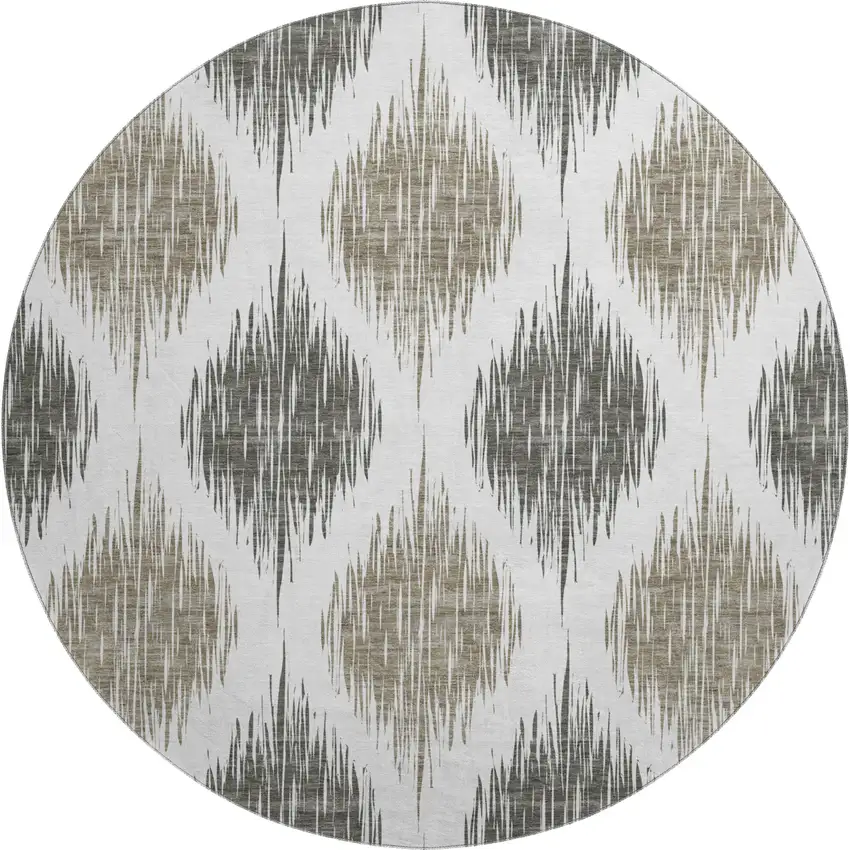 8' Taupe And Ivory Ikat Washable Round Rug With UV Protection Photo 1