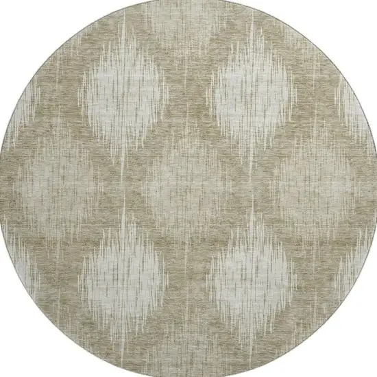8' Taupe And Ivory Ikat Washable Round Rug With UV Protection Photo 4