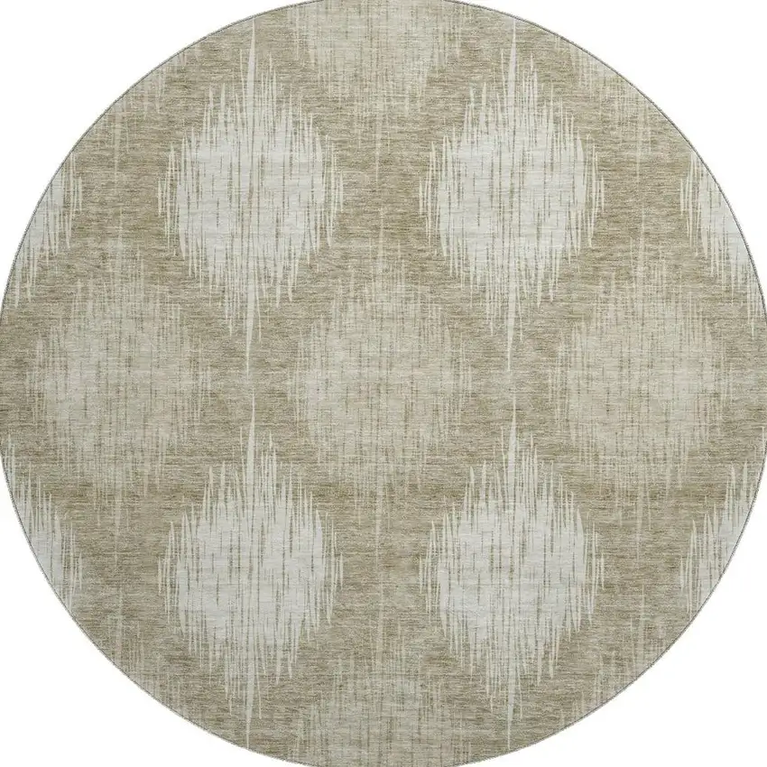 8' Taupe And Ivory Ikat Washable Round Rug With UV Protection Photo 4