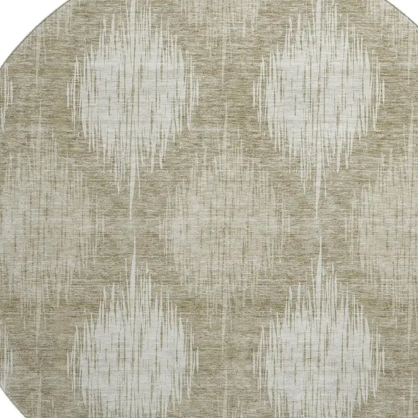 8' Taupe And Ivory Ikat Washable Round Rug With UV Protection Photo 3